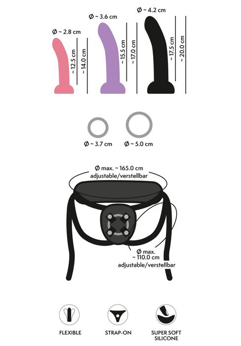 Strap-On Set, Harness 3 flexible silicone dildos